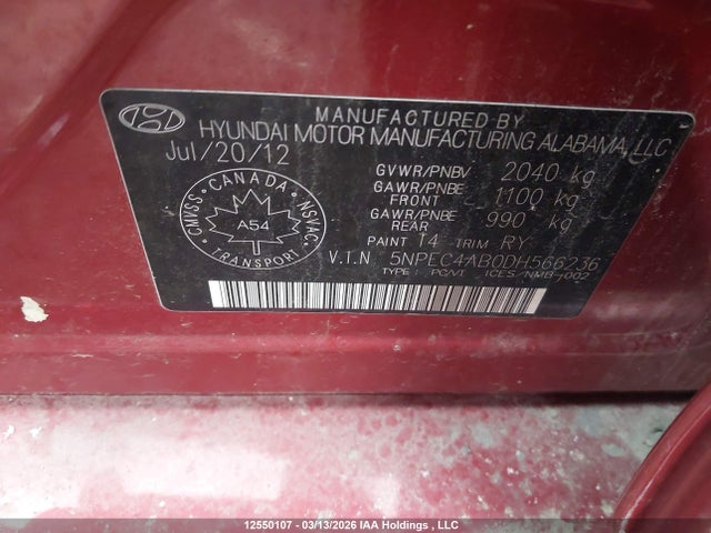 12550107 :رقم المزاد ، 5NPEC4AB0DH566236 vin ، 2013 Hyundai Sonata مزاد بيع