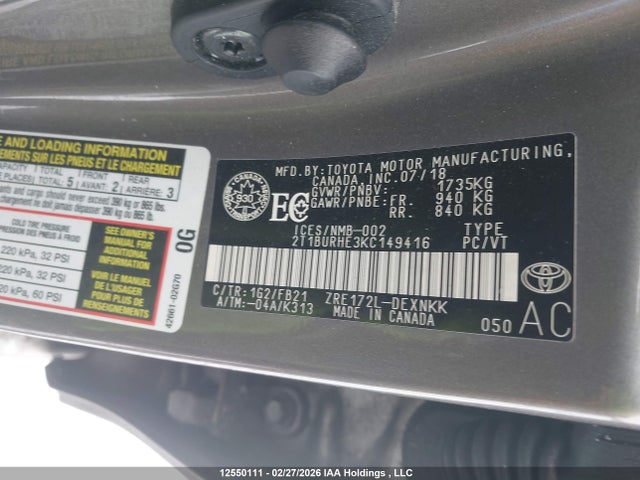Aukcja sprzedaży 2019 Toyota Corolla Le, vin: 2T1BURHE3KC149416, numer aukcji: 12550111