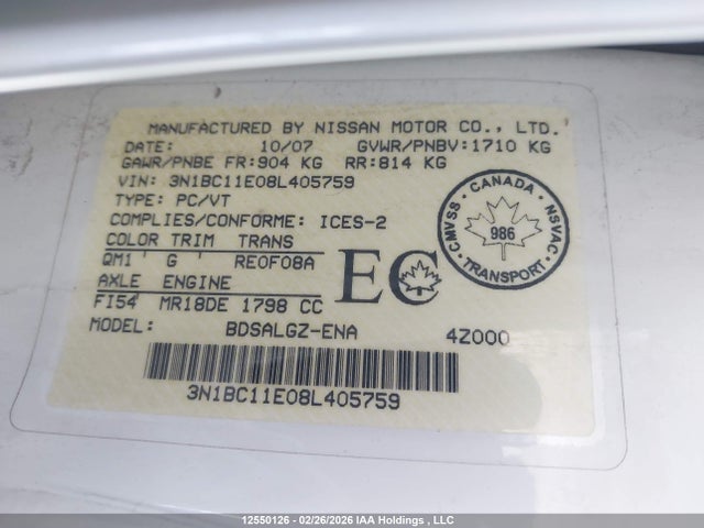 Продаж на аукціоні авто 2008 Nissan Versa S/sl, vin: 3N1BC11E08L405759, номер лоту: 12550126