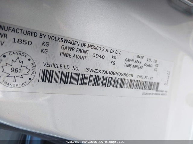 12550140 :رقم المزاد ، 3VWDK7AJ8BM026645 vin ، 2011 Volkswagen Jetta 2.0l Comfortline مزاد بيع