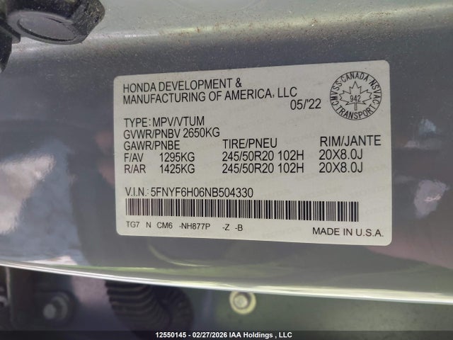 12550145 :رقم المزاد ، 5FNYF6H06NB504330 vin ، 2022 Honda Pilot مزاد بيع