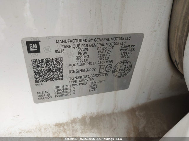 Продаж на аукціоні авто 2018 Chevrolet Tahoe Police, vin: 1GNSKDEC0JR353792, номер лоту: 12550157
