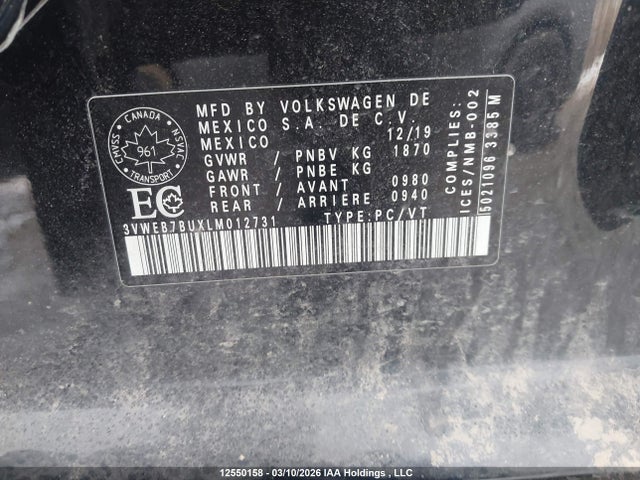 Aukcja sprzedaży 2020 Volkswagen Jetta Highline, vin: 3VWEB7BUXLM012731, numer aukcji: 12550158