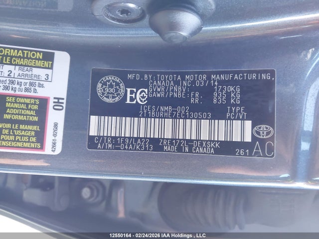 2014 Toyota Corolla L/le/le Pls/prm/s/s Pls მანქანა იყიდება აუქციონზე, vin: 2T1BURHE7EC130503, აუქციონის ნომერი: 12550164
