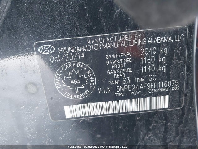 5NPE24AF9FH116075 Hyundai SONATA GLS
