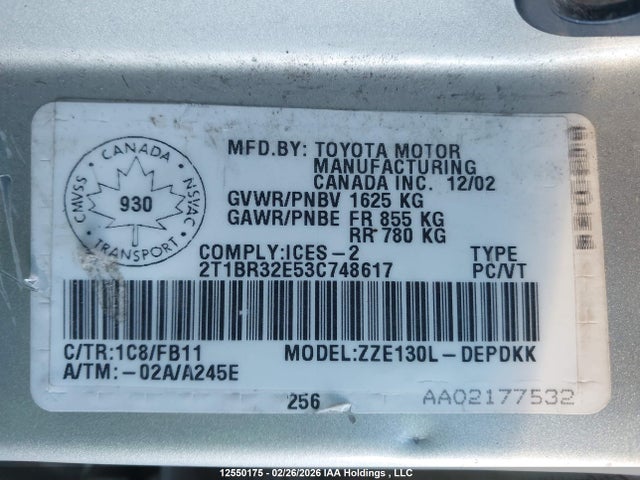 12550175 :رقم المزاد ، 2T1BR32E53C748617 vin ، 2003 Toyota Corolla Ce/le/sport مزاد بيع