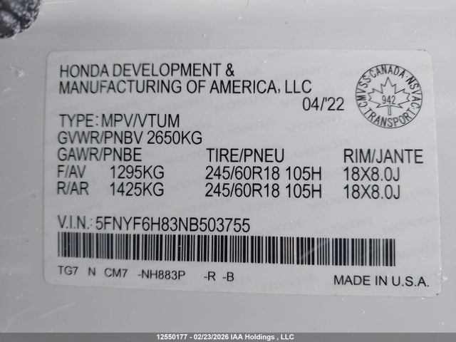Aukcja sprzedaży 2022 Honda Pilot Trailsport, vin: 5FNYF6H83NB503755, numer aukcji: 12550177