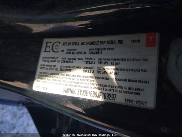 5YJ3E1EB9JF109297 Tesla MODEL 3