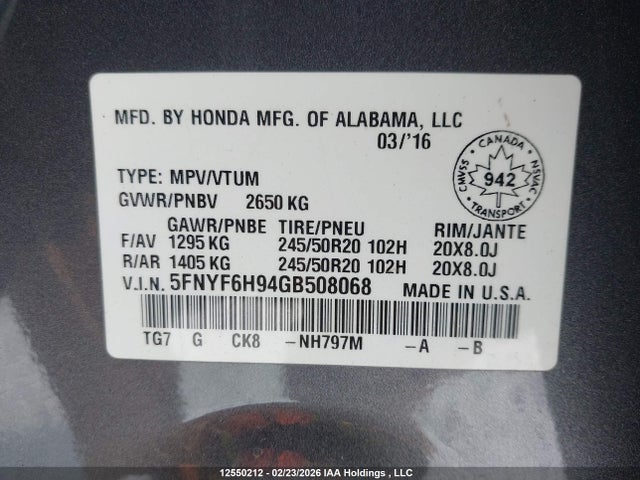 5FNYF6H94GB508068 Honda Pilot
