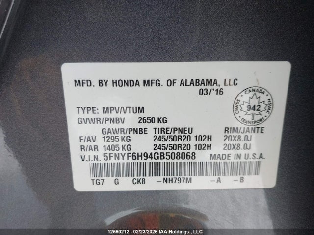 5FNYF6H94GB508068 Honda Pilot