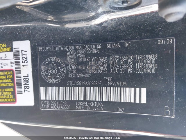 12550227 :رقم المزاد ، 5TDJY5G12AS026817 vin ، 2010 Toyota Sequoia مزاد بيع