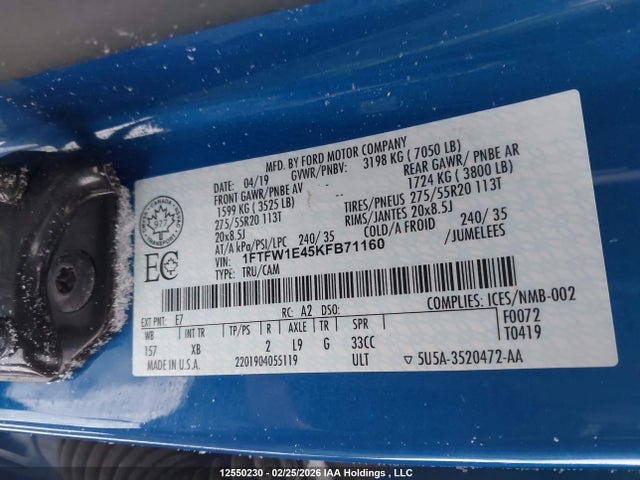 Продаж на аукціоні авто 2019 Ford F150 Supercrew, vin: 1FTFW1E45KFB71160, номер лоту: 12550230