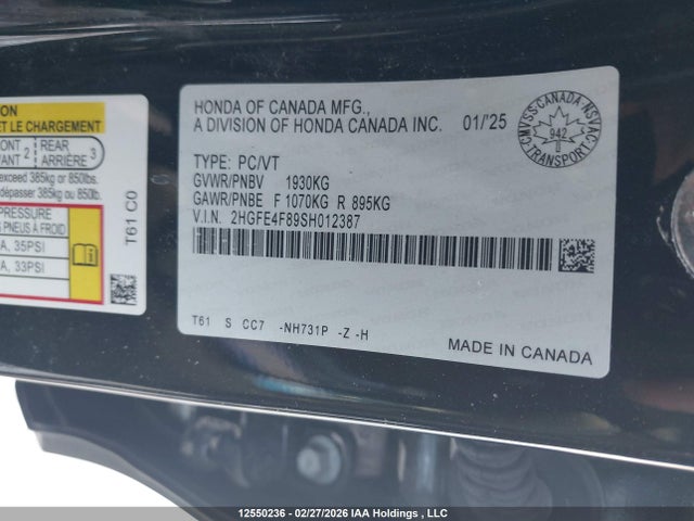 Продаж на аукціоні авто 2025 Honda Civic Sport Hybrid/sport Touring Hybrid, vin: 2HGFE4F89SH012387, номер лоту: 12550236