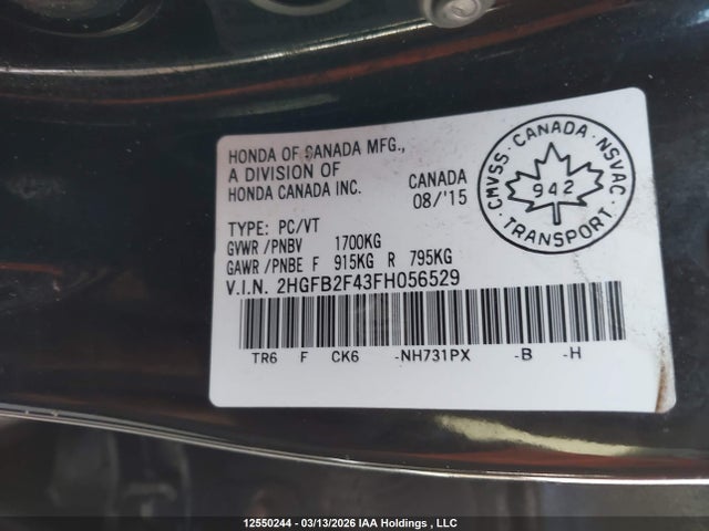 12550244 :رقم المزاد ، 2HGFB2F43FH056529 vin ، 2015 Honda Civic مزاد بيع