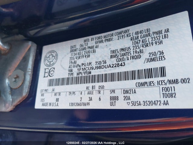 Продаж на аукціоні авто 2013 Ford Escape Titanium, vin: 1FMCU9J98DUA22843, номер лоту: 12550245