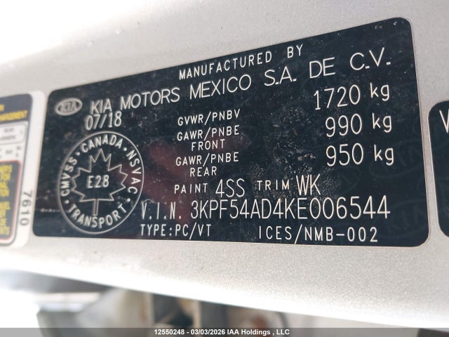 3KPF54AD4KE006544 KIA FORTE EX