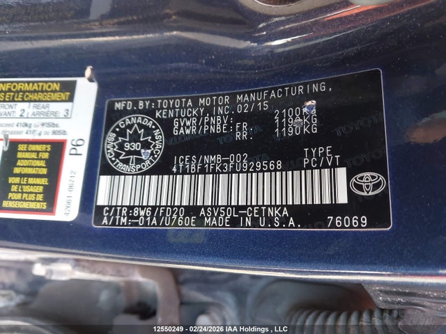 Aukcja sprzedaży 2015 Toyota Camry Le/xle/se/xse, vin: 4T1BF1FK3FU929568, numer aukcji: 12550249