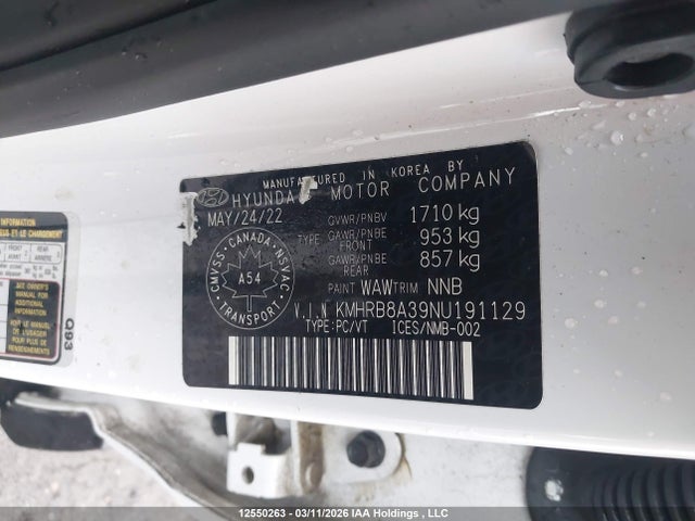 2022 Hyundai Venue Essential Auto Ivt მანქანა იყიდება აუქციონზე, vin: KMHRB8A39NU191129, აუქციონის ნომერი: 12550263