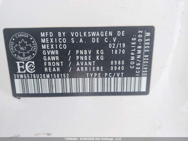 3VWG57BU2KM158152 Volkswagen Jetta 1.4 Tsi Execline