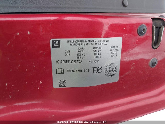 2010 Chevrolet Cobalt Lt მანქანა იყიდება აუქციონზე, vin: 1G1AD5F59A7237032, აუქციონის ნომერი: 12550274