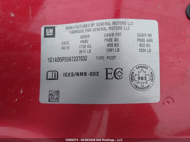 2010 Chevrolet Cobalt Lt მანქანა იყიდება აუქციონზე, vin: 1G1AD5F59A7237032, აუქციონის ნომერი: 12550274