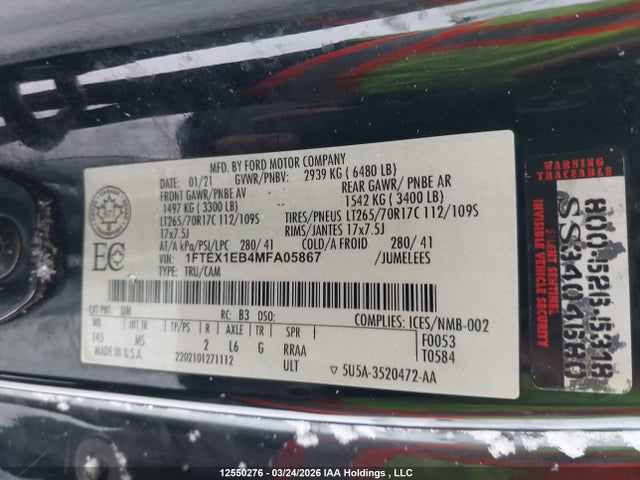 Aukcja sprzedaży 2021 Ford F150 Super Cab, vin: 1FTEX1EB4MFA05867, numer aukcji: 12550276