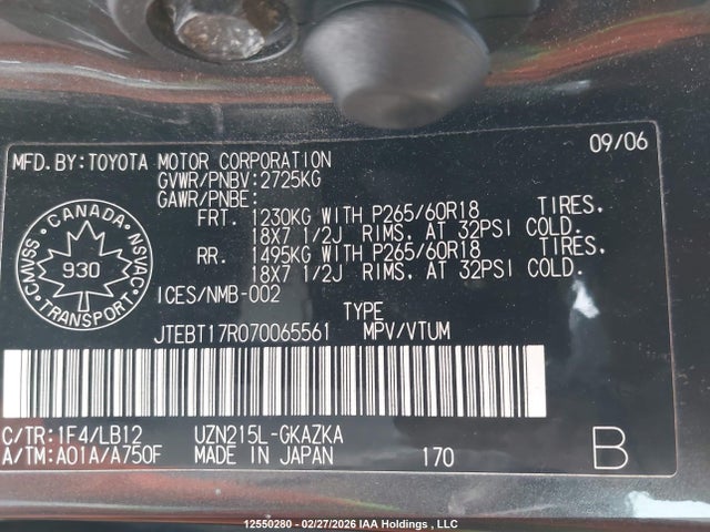 Aukcja sprzedaży 2007 Toyota 4runner Limited, vin: JTEBT17R070065561, numer aukcji: 12550280