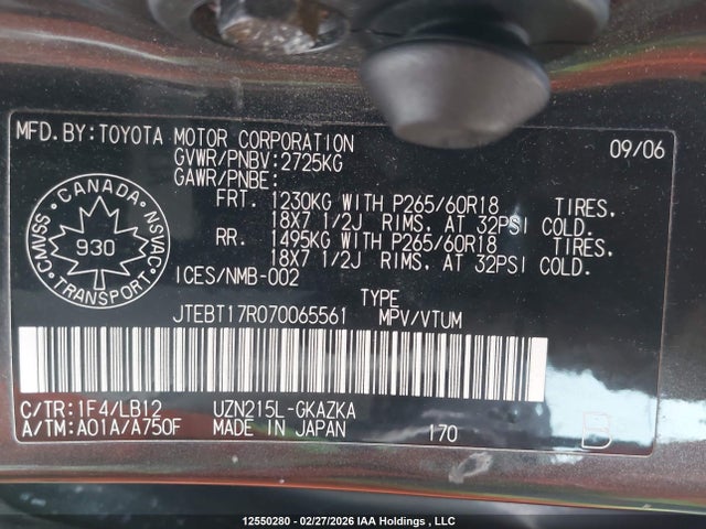 Aukcja sprzedaży 2007 Toyota 4runner Limited, vin: JTEBT17R070065561, numer aukcji: 12550280