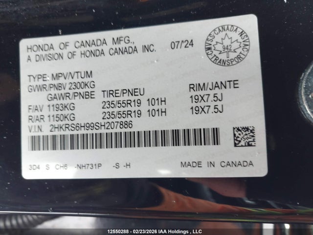 2HKRS6H99SH207886 Honda Cr-v Touring Hybrid