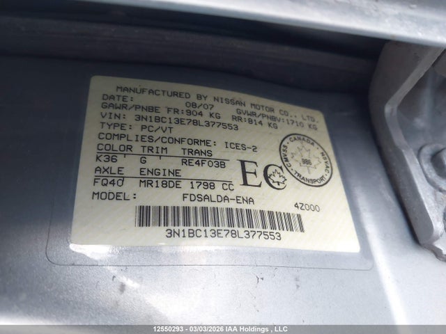 Продажа на аукционе авто 2008 Nissan Versa, vin: 3N1BC13E78L377553, номер лота: 12550293