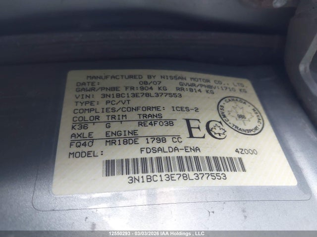 Продажа на аукционе авто 2008 Nissan Versa, vin: 3N1BC13E78L377553, номер лота: 12550293