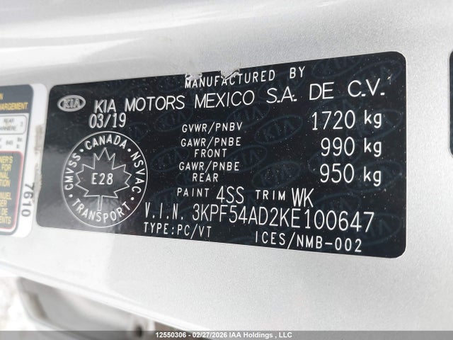 3KPF54AD2KE100647 KIA FORTE EX