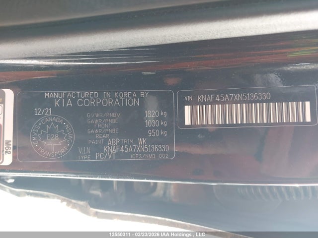12550311 :رقم المزاد ، KNAF45A7XN5136330 vin ، 2022 Kia Forte5 Gt/gt Limited مزاد بيع