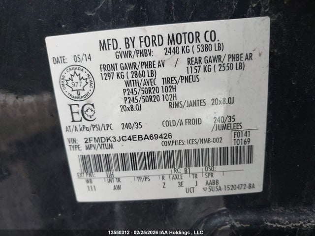 Продаж на аукціоні авто 2014 Ford Edge, vin: 2FMDK3JC4EBA69426, номер лоту: 12550312