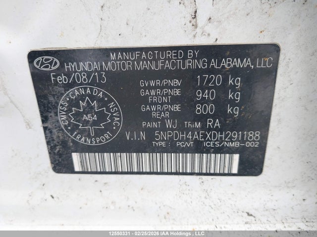 12550331 :رقم المزاد ، 5NPDH4AEXDH291188 vin ، 2013 Hyundai Elantra L مزاد بيع