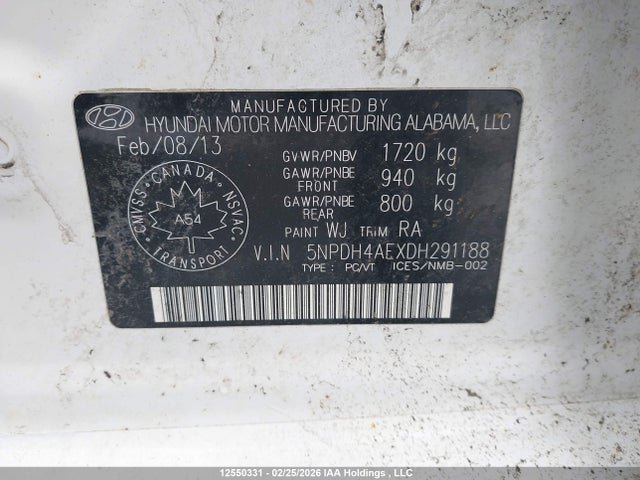 12550331 :رقم المزاد ، 5NPDH4AEXDH291188 vin ، 2013 Hyundai Elantra L مزاد بيع
