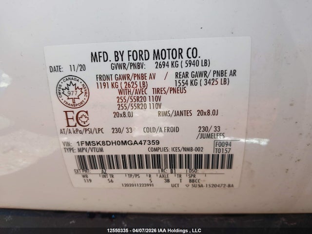 2021 Ford Explorer მანქანა იყიდება აუქციონზე, vin: 1FMSK8DH0MGA47359, აუქციონის ნომერი: 12550335