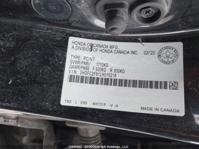 2020 Honda Civic Sport მანქანა იყიდება აუქციონზე, vin: 2HGFC2F81LH016218, აუქციონის ნომერი: 12550352
