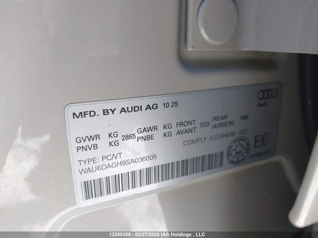 12550359 :رقم المزاد ، WAU6DAGH9SA036005 vin ، 2025 Audi A6 E-tron Technik مزاد بيع