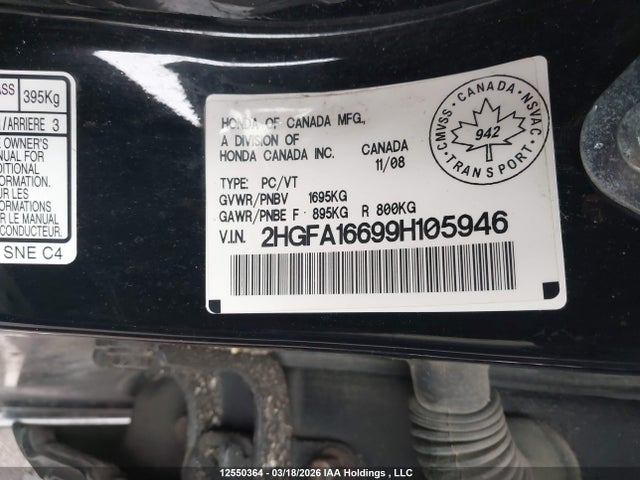 12550364 :رقم المزاد ، 2HGFA16699H105946 vin ، 2009 Honda Civic Lx-s مزاد بيع