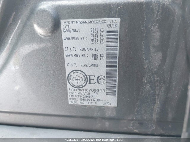 5N1AT2MV1KC709319 Nissan Rogue S/sl/sv