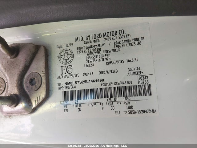 12550388 :رقم المزاد ، NM0LS7S25L1461690 vin ، 2020 Ford Transit Connect Xl مزاد بيع