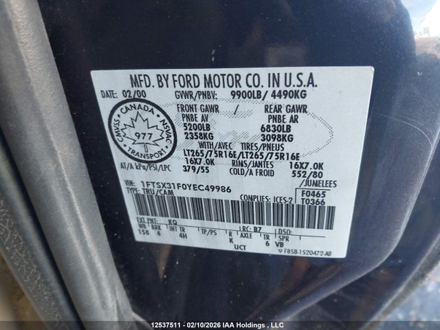 12537511 :رقم المزاد ، 1FTSX31F0YEC49986 vin ، 2000 Ford F-350 Lariat/xl/xlt مزاد بيع
