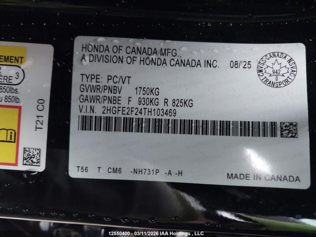 Продаж на аукціоні авто 2026 Honda Civic Lx, vin: 2HGFE2F24TH103469, номер лоту: 12550400