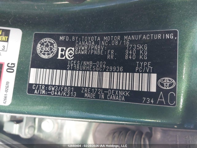 2T1BURHE5GC729936 Toyota COROLLA LE