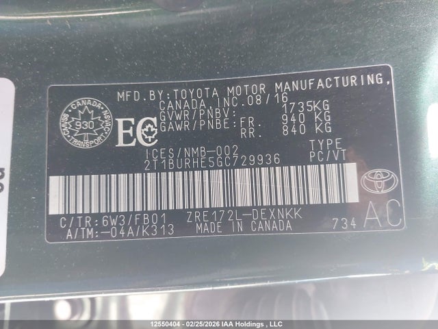 2T1BURHE5GC729936 Toyota COROLLA LE