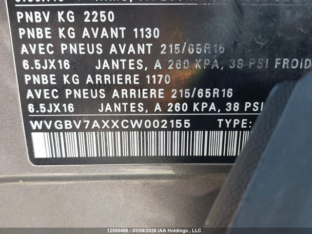 Aukcja sprzedaży 2012 Volkswagen Tiguan S/se/sel, vin: WVGBV7AXXCW002155, numer aukcji: 12550406