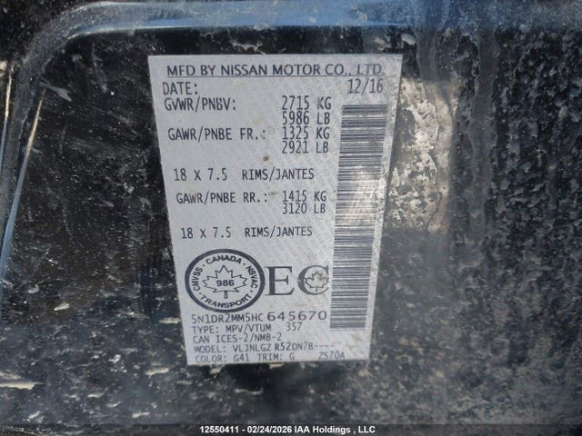 5N1DR2MM5HC645670 Nissan Pathfinder S/sv/sl/platinum
