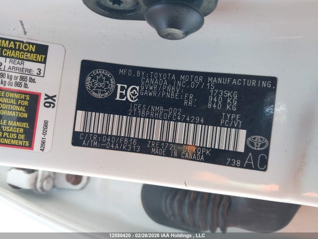 Toyota Corolla 2015 2T1BPRHE0FC474294 Image 9