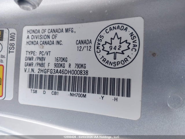 Aukcja sprzedaży 2013 Honda Civic Lx, vin: 2HGFG3A46DH000838, numer aukcji: 12550426
